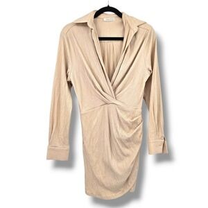 GALITA Mini Dress Shirt Dress Long‎ Sleeve Twist Front Collared Beige M